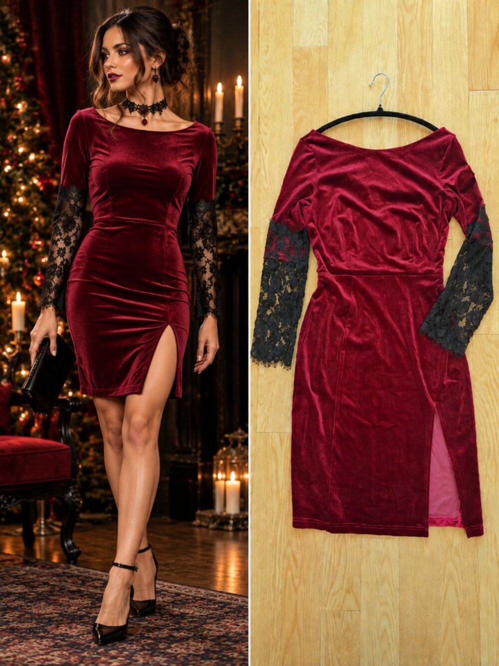 Paper Dolls Burgundy Velvet Lace Bodycon Dress Goth Dark Romance US 8